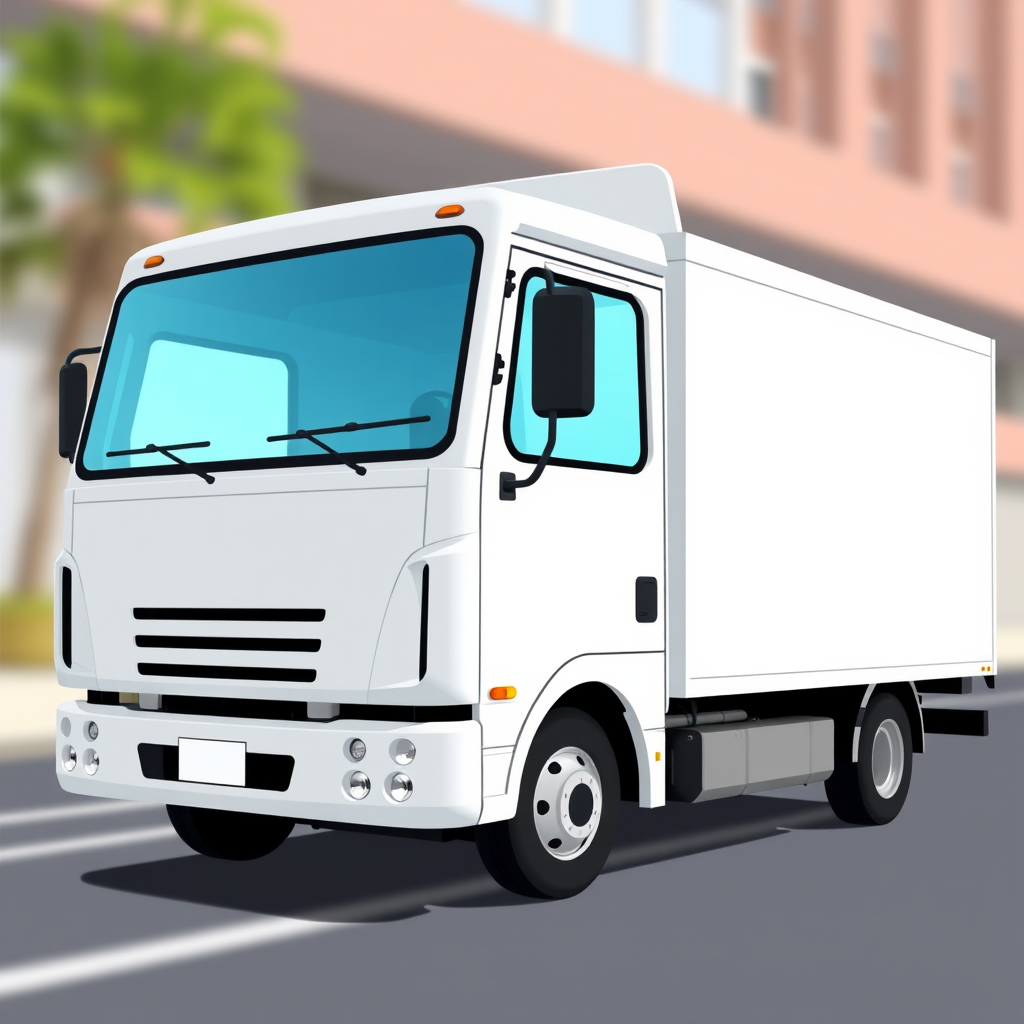 Create a high-resolution vector illustration of a delivery truck with a clean white exterior and light blue windows, captured using a Canon EOS R5 camera with a 50mm f/1.2 lens, in natural daylight, featuring a side view and a shallow depth of field to enhance detail and clarity.