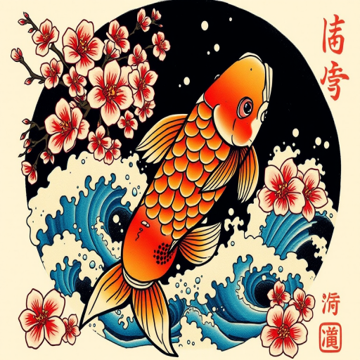 Traditional Japanese tattoo "Koi's Ascension" featuring a vibrant koi fish swimming upstream through cherry blossoms and turbulent waves, rendered in bold colors and clean black outlines