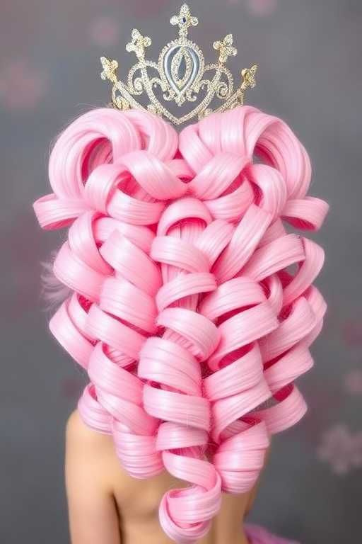 Voluminous cotton candy pink curls shaped into a heart-shaped silhouette, topped with a sparkling tiara for a whimsical princess look called Sugar Plum Fantasy