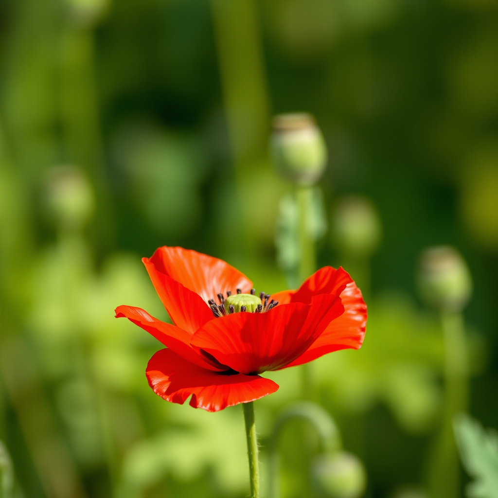 Capture a vibrant red poppy flower in full bloom against a blurred green background, using a Canon EOS 5D Mark IV, with a 50mm f/1.8 lens, aperture set to f/2.8, ISO 100, shutter speed 1/200s, in natural light, focusing on the intricate details of the petals.