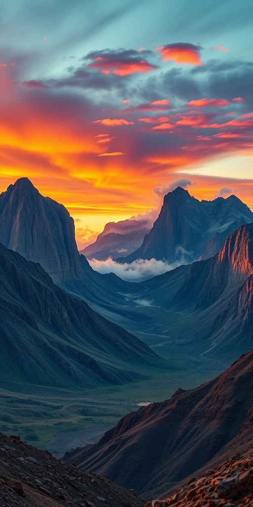Create a vivid alien landscape featuring dramatic mountains and colorful clouds at sunset, image captured with a DSLR camera, 24mm lens, f/8 aperture, ISO 100, in a wide-angle view, using HDR photography to enhance dynamic range and saturation.