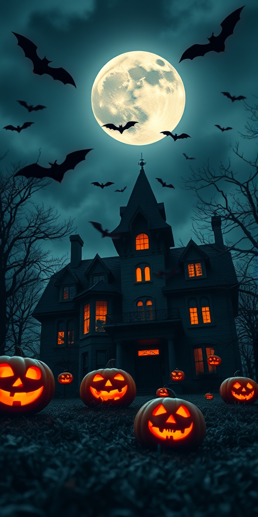 Generate a spooky Halloween scene featuring a haunted mansion with jack-o'-lanterns in the foreground under a moonlit sky, with bats flying overhead, captured with a Canon EOS R5 at f/2.8, ISO 100, 24mm wide-angle lens, soft focus style, twilight setting.