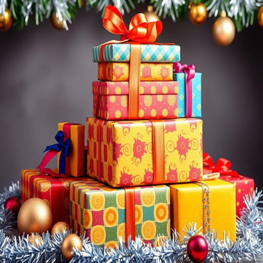 Generate an image of a colorful collection of wrapped gifts stacked together. The presents should feature various patterns and vibrant colors like red, yellow, and blue. Include decorative elements such as ribbons and bows on the gifts. Surround the presents with festive decorations like tinsel and shiny ornaments to create a joyful holiday atmosphere.