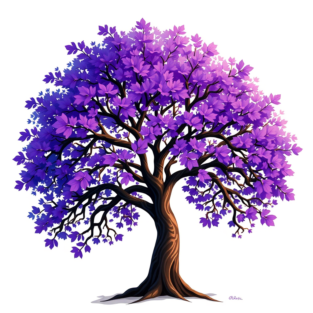 Create a vibrant digital artwork of a stylized tree with intricate purple leaves and a striped trunk against a clean white background, using a high-resolution setting at 300 DPI, with a wide-angle view to capture the full height and detail of the tree, utilizing a digital painting style on a graphics tablet.