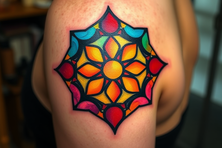 Stained glass tattoo named "Radiant Sanctuary" featuring vibrant colors separated by bold black lines, mimicking the appearance of a stained glass window with a play of light and shadow on the skin