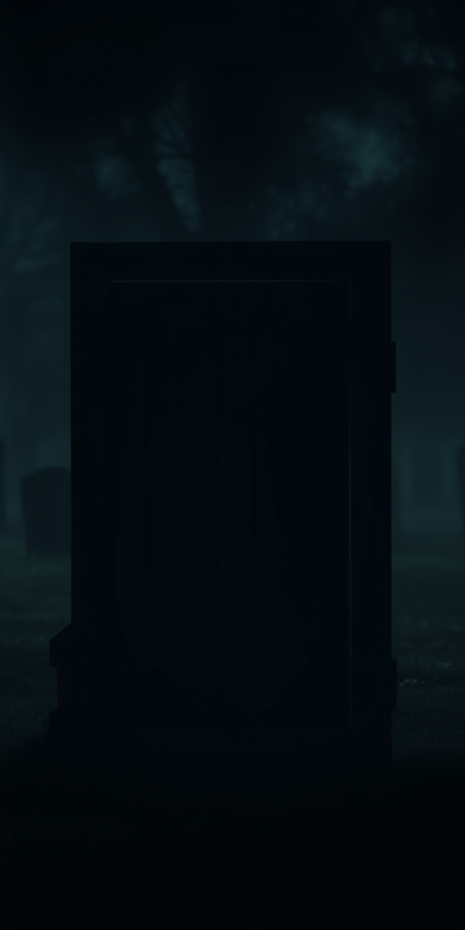 Create a mysterious scene featuring a weathered wooden door standing in a dark, foggy graveyard with faint silhouettes of gravestones in the background, captured with a Canon EOS R5, 50mm f/1.8 lens, f/2.8 aperture, ISO 100, 1/50s shutter speed, in low light conditions to enhance the mood and details.