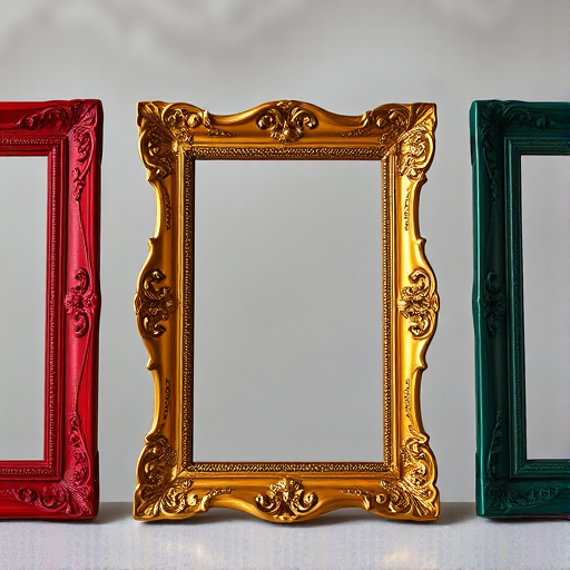 generate an image of three distinct ornate picture frames in a row, each with a different color finish: a deep red frame on the left, a gold frame in the center, and a dark green frame on the right; set against a soft, blurred background to emphasize the frames; use a Canon EOS 5D Mark IV, aperture f/2.8, ISO 100, 50mm lens, shot from a slight overhead angle to create depth and enhance the details of the frames.