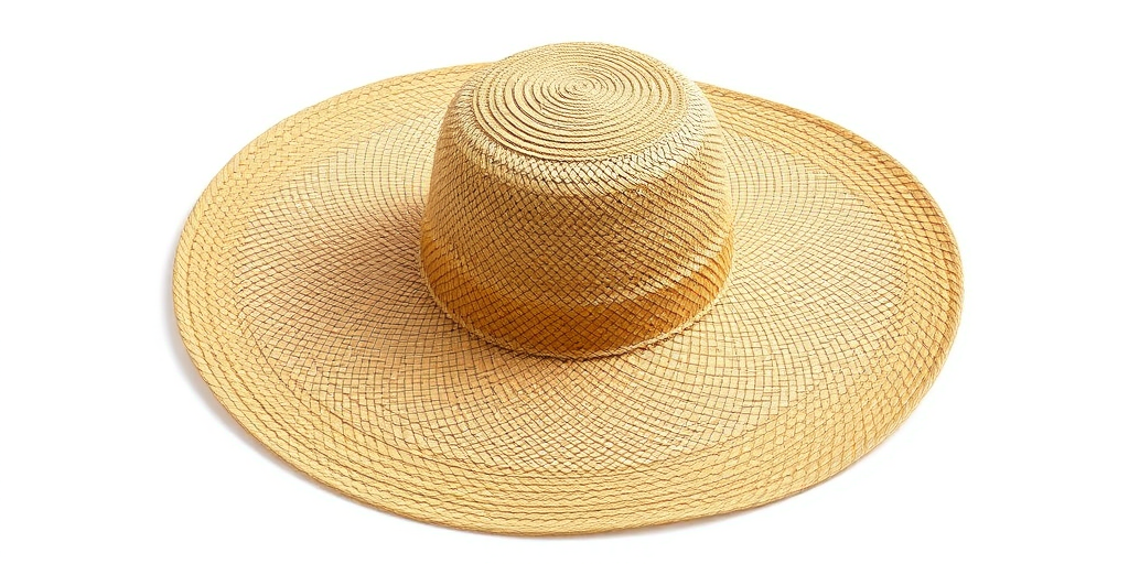 photograph of a wide-brimmed straw hat on a white background, 50mm lens, f/2.8 aperture, 1/100 sec shutter speed, natural lighting, frontal view, DSLR camera