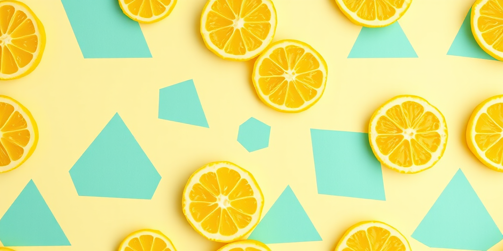 Create a seamless pattern featuring bright yellow lemon halves and aqua blue geometric shapes on a soft pastel yellow background, using a high-resolution digital camera, macro lens at f/2.8, with a top-down view and vibrant color saturation.