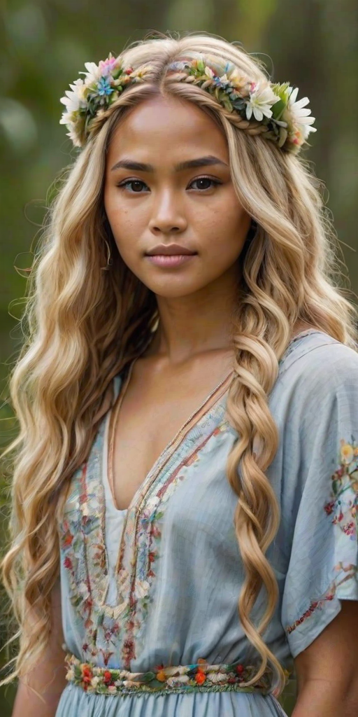 Create an image of a young Micronesian woman with long, wavy blonde hair, adorned with small, colorful flowers woven into her braids and loose strands. Her complexion is fair, with soft, glowing skin, and she has light blue eyes that gaze softly at the viewer. She wears a light, flowing dress with a gentle, ethereal quality, complementing her delicate and serene appearance. The background is slightly blurred, drawing focus to her tranquil expression and the intricate details of the flowers in her hair. The overall mood of the image is one of natural beauty and grace, evoking a sense of peacefulness and connection with nature.