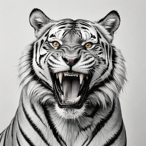 Abstract black and white acrylic portrait of an over exaggerated laughing (tiger). Minimalism style. White background.