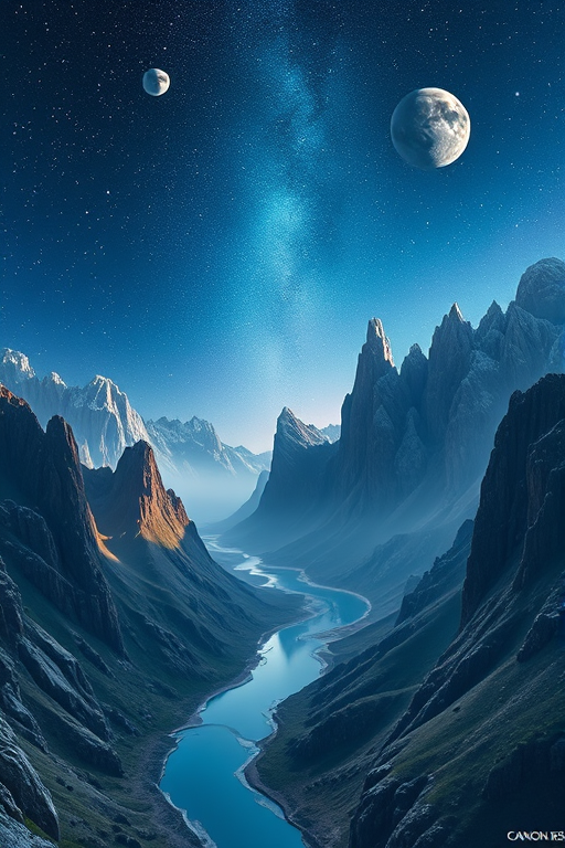 create a high-resolution fantasy landscape with towering crystal mountains and a winding river, set under a starry night sky with multiple planets, use a Canon EOS R5 with a 24mm f/1.4 lens, aperture set to f/8, shutter speed at 1/125 sec, and ISO 100 for optimal clarity and detail.