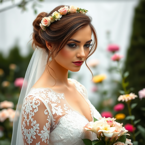 Garden scene, bridal model, delicate lace gown, floral headpiece, soft romantic focus, high-key lighting and an 85mm lens for soft, even tones that highlight the model’s face and bright outfit against a white or light background