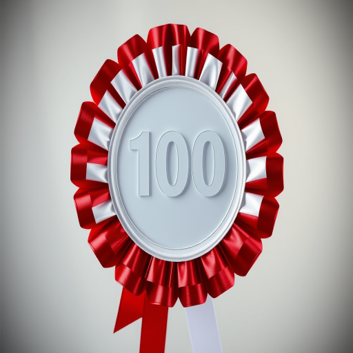 Regenerate an image of a red and white circular rosette ribbon with the number 100 in the center, using a DSLR camera with a 50mm lens, f/2.8 aperture, ISO 100, and a soft focus background for enhanced clarity.