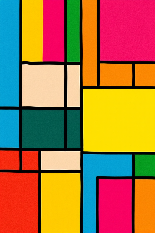Create an abstract digital artwork featuring rectangular shapes in vibrant colors like blue, pink, yellow, green, orange, and purple with bold black outlines, captured using a DSLR camera with a 50mm lens, aperture set to f/4, ISO 100, shot from a bird's eye view for enhanced vibrancy and clarity.