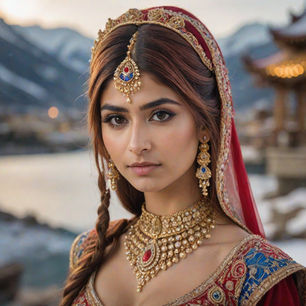 A mia khalifa with long, flowing red hair, wearing a traditional, ornate red and blue costume with gold accents and intricate embroidery, stands facing the viewer in a close-up portrait. Her hair is styled in a high ponytail and adorned with a pair of golden, winged hairpieces. She wears gold earrings and her makeup is accented with light pink blush and a bright red lip. She has a soft and slightly melancholic expression, with her eyes looking directly at the camera. The background is a blurred, out-of-focus snowy landscape, with the woman in the foreground. The lighting is soft and natural, creating a warm, intimate atmosphere. The image is composed using a shallow depth of field, with the woman as the main focal point. The overall style is elegant, delicate, and fairytale-like.