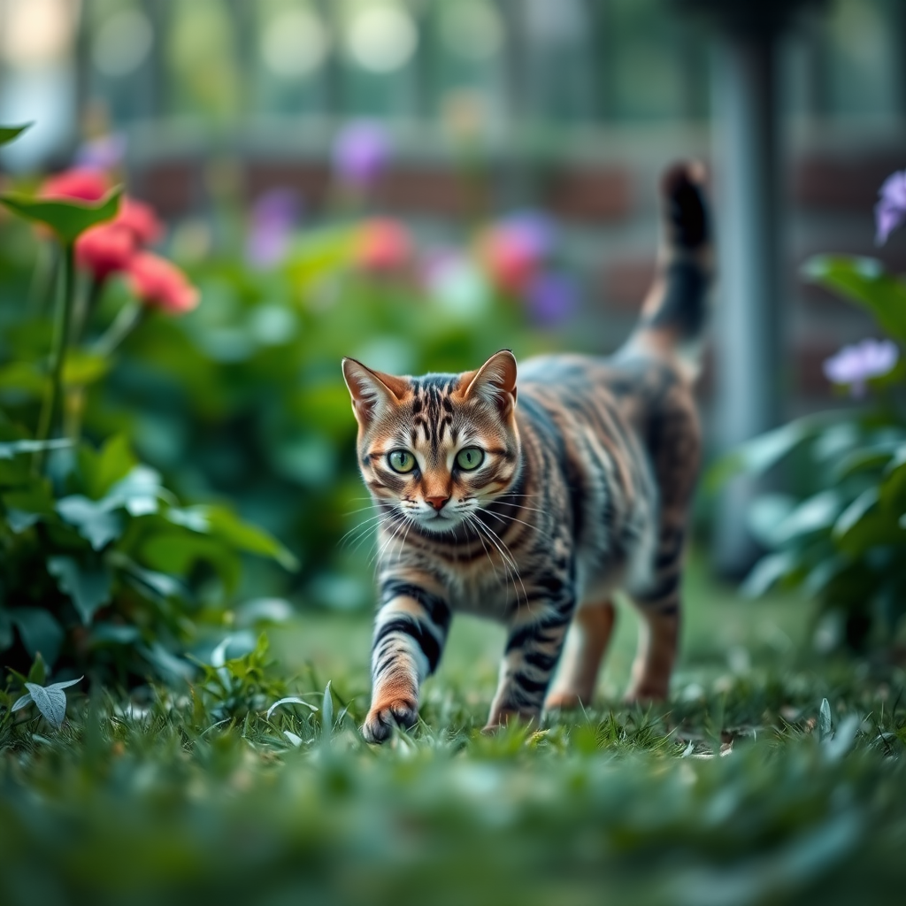 Create a hyper-realistic image of a tabby cat walking through a lush green garden, captured with a DSLR camera at f/2.8, ISO 200, 1/250s, using a 50mm lens for a shallow depth of field, ensuring a sharp focus on the cat and a beautifully blurred background.