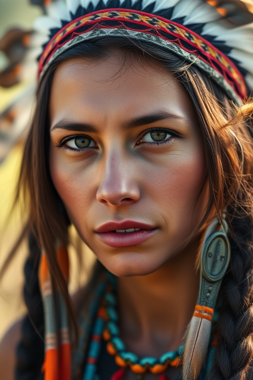 Create a vibrant portrait of a Native American woman with feathers in her hair, captured in soft natural lighting, using a DSLR camera with a 50mm lens, f/1.8 aperture, ISO 200, 1/100s shutter speed, in a medium close-up view to enhance facial features and details.