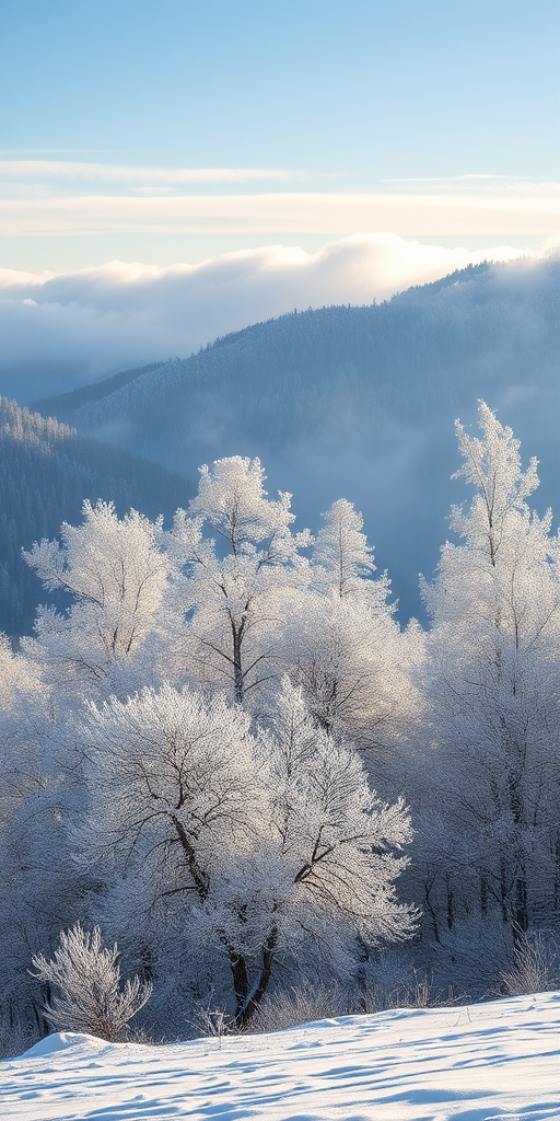 capture a winter landscape with frosted trees and misty mountains in the background, shot with a Canon EOS R5, 24mm lens at f/8, ISO 200, shutter speed 1/200s, using a wide angle perspective and a soft natural light setting to enhance the serene atmosphere