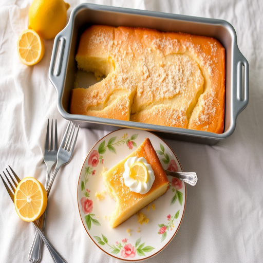 A delicious lemon dessert cake served in a silver rectangular pan with a slice on a floral plate garnished with whipped cream and crumbs, surrounded by forks and a lemon slice on a light fabric background.
