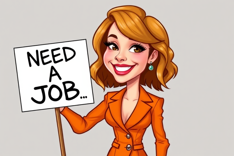 caricature of a smiling Emma Stone in a Tangerine dress or suit, holding up a sign that says "NEED A JOB", no watermark,