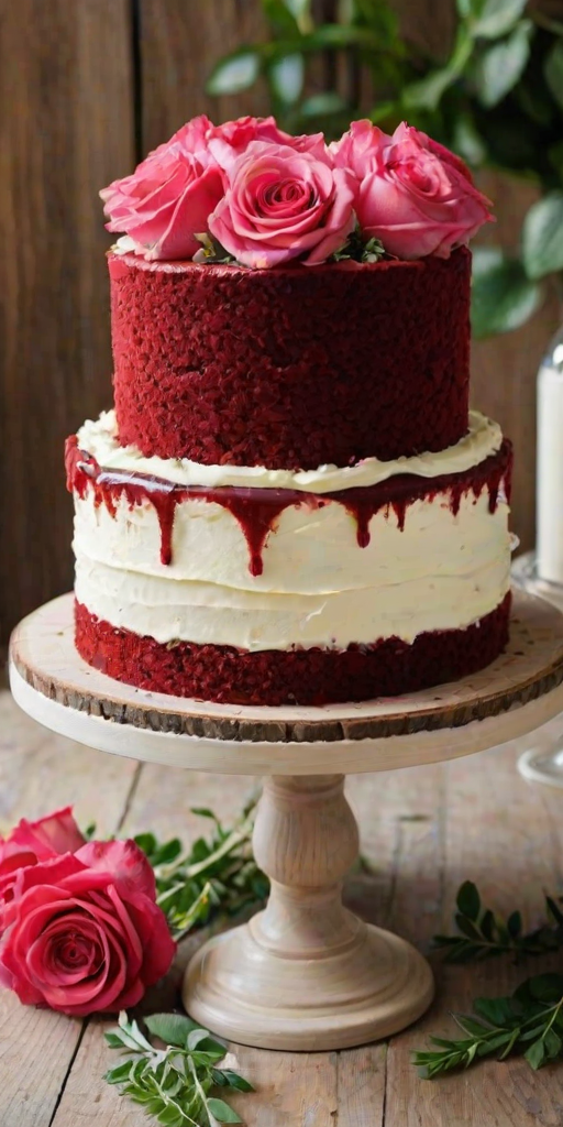 Generate an image of a tiered red velvet cake with cream cheese frosting. The cake should have multiple layers, adorned with fresh pink roses and greenery on top. The setting should be rustic and elegant, with a wooden table in the background.