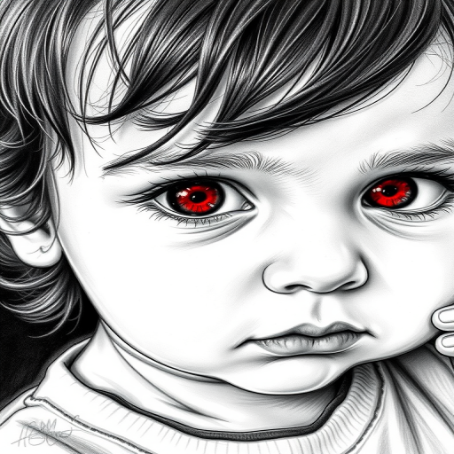 A hyperdetailed photorealistic black and white sketch of a beautiful toddler with deep red eyes, with a macro focus