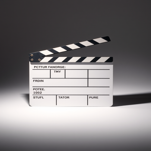 Create an image of a classic movie clapperboard on a plain background, shot in high resolution with a Canon EOS R5 at f/2.8, ISO 100, 1/125s, using a portrait view and a soft lighting setup for enhanced contrast.