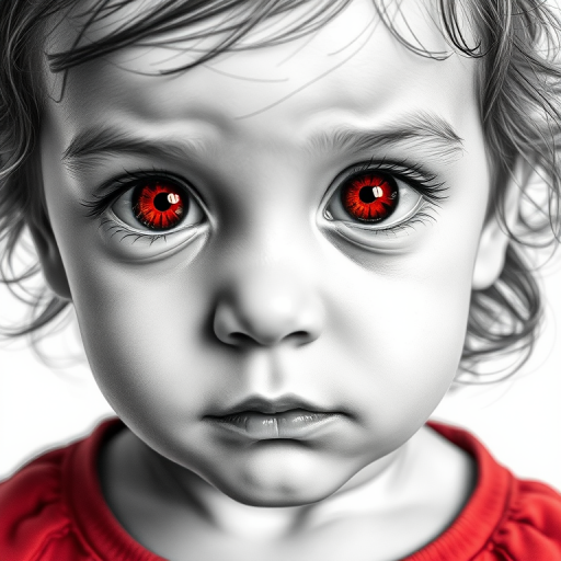 A hyperdetailed photorealistic black and white sketch of a beautiful toddler with deep red eyes, with a macro focus