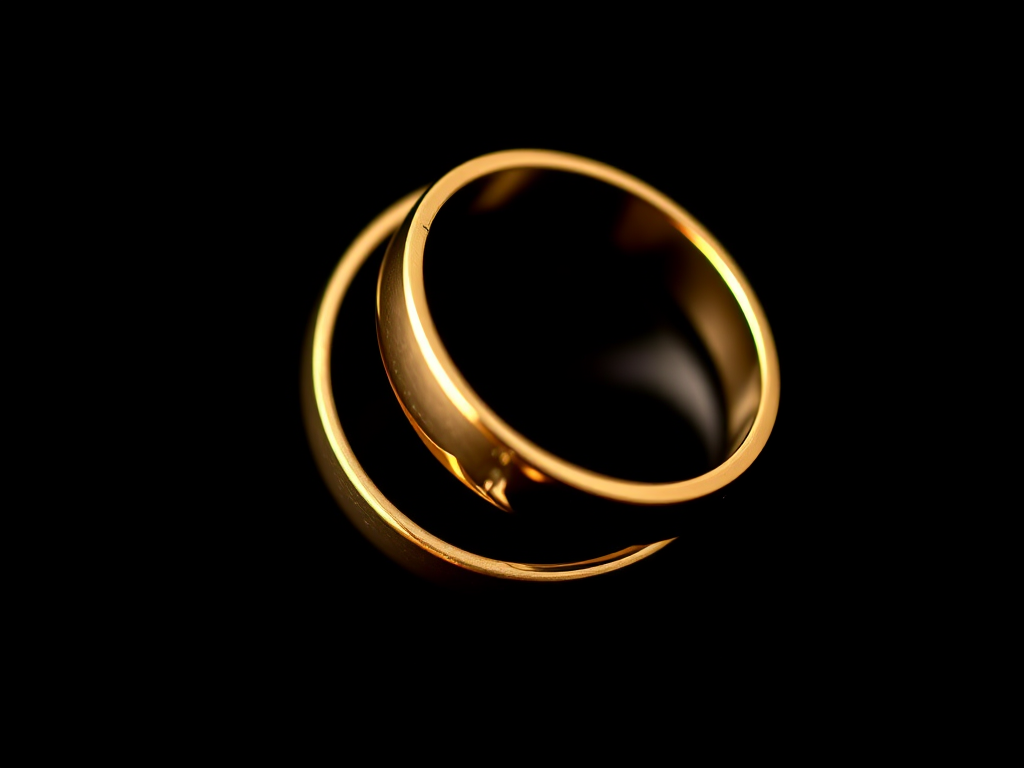 Create a close-up image of two intertwined gold wedding rings on a black background, using a DSLR camera with a 50mm lens, aperture set to f/1.8, ISO 100, and 1/125 shutter speed to achieve a shallow depth of field and enhance details.