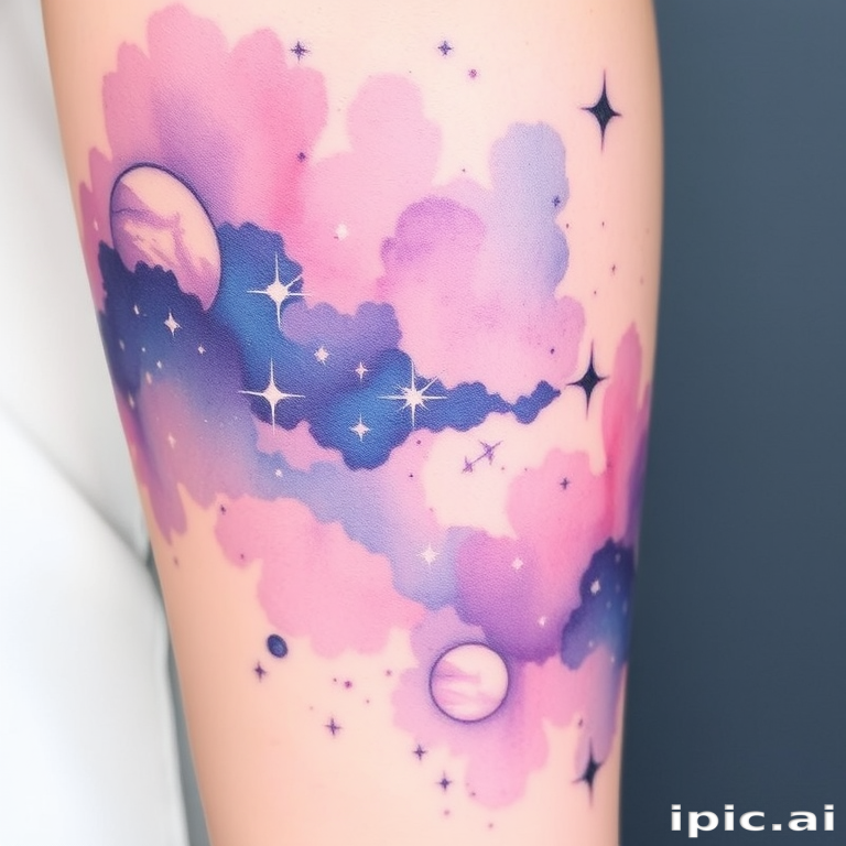 Ethereal watercolor galaxy tattoo called "Cosmic Dreams" depicting a dreamy expanse of stars, nebulae, and celestial bodies. Soft washes of purple, blue, and pink blend seamlessly, creating a magical atmosphere. Splashes of white ink represent twinkling stars, while fine black lines outline planets and constellations, adding structure to the ethereal design.