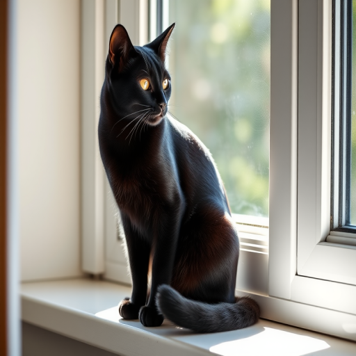 Create a high-quality image of a sleek black cat sitting gracefully on a windowsill with sunlight filtering through, captured using a Canon EOS 5D Mark IV at f/4, ISO 100, 1/200s, in a natural light setting with a shallow depth of field for a soft background blur.