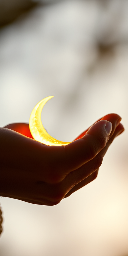 A close-up view of a hand gently cradling a glowing crescent moon, captured with a Canon EOS R5, 50mm lens, f/2.8 aperture, ISO 100, soft natural lighting for enhanced details and a warm color palette.