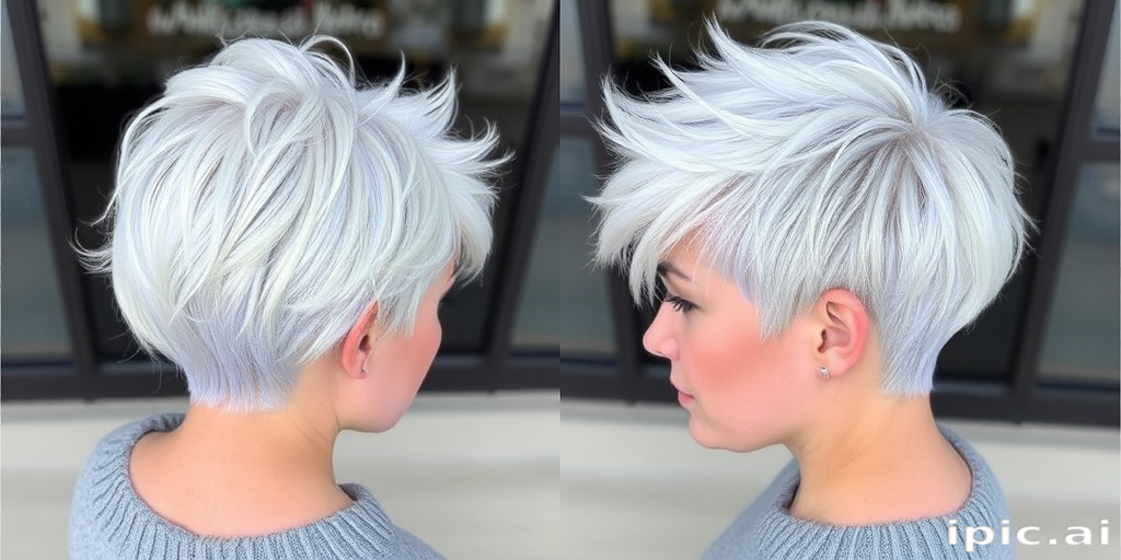 Striking arctic white pixie cut with icy blue highlights, styled in sharp, textured layers resembling freshly fallen snow, dubbed "Frost Whisper"