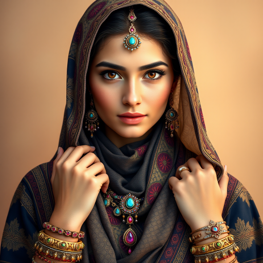 Create a portrait of a beautiful Middle Eastern woman with striking brown eyes and a gentle expression. She is adorned in traditional attire with intricate patterns, including a richly embroidered headscarf and matching garments. Her jewelry includes a delicate headpiece, dangling earrings, and ornate bracelets, all featuring vibrant gemstones and detailed metalwork. The background is soft and warm, enhancing the rich colors of her outfit and jewelry.