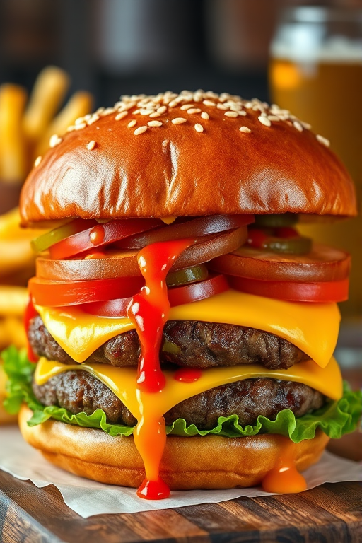 High-resolution, close-up image of a gourmet double cheeseburger. The burger features a glossy, sesame-seed-topped brioche bun. Inside, there are two thick, juicy beef patties, each topped with melted cheddar cheese. The burger is garnished with fresh lettuce, tomato slices, diced onions, and pickles. A generous amount of ketchup and a creamy, orange-colored sauce is dripping down the sides, adding to the mouth-watering appeal. In the background, there are blurred elements including a side of golden French fries and a hint of a beverage, enhancing the overall presentation of a delicious meal.