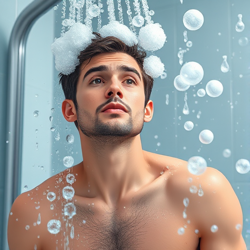 Create an illustration of a man showering with soap bubbles in a bathroom, captured with a DSLR camera at f/4.5, ISO 100, 1/250 sec, using a wide-angle lens for an immersive view, and ensure the background features detailed water droplets on glass to enhance the atmosphere.