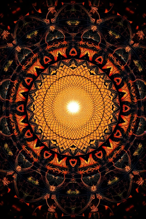 Create a high-resolution abstract fractal image featuring intricate circular patterns and a central glowing orb, using a Canon EOS R5 with a 50mm f/1.2 lens, at f/8, ISO 100, shooting in a balanced lighting environment with a soft-focus background and high dynamic range for enhanced detail.