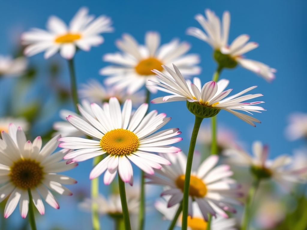 a close-up view of daisies with white petals and pink tips, against a blurred blue sky background, capturing the details of the flowers and their green stems in a vibrant, sunny setting