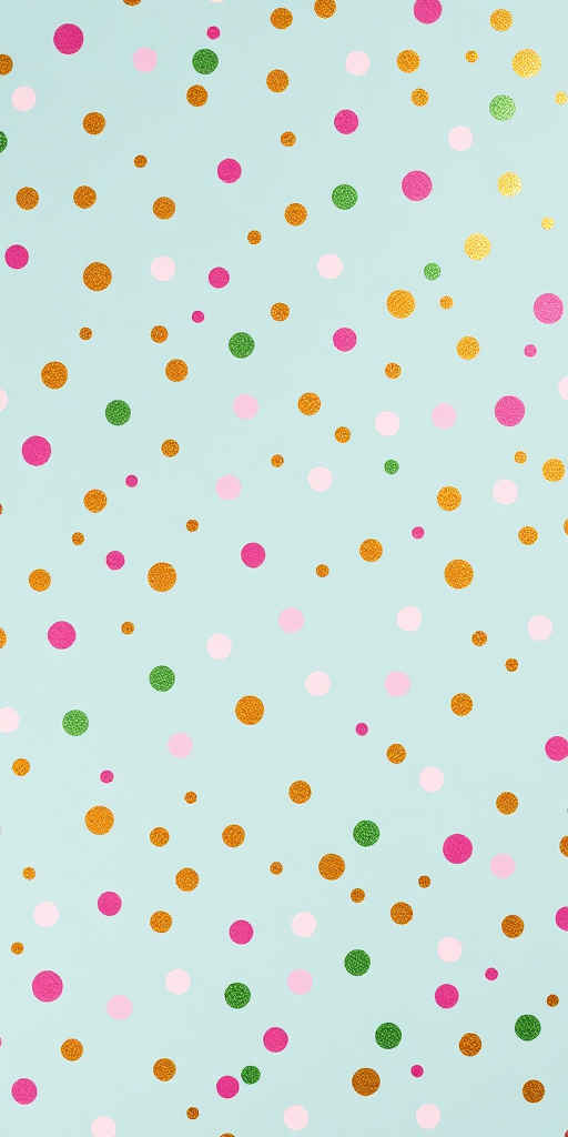 Generate an abstract pattern of scattered polka dots in pink, gold, and green on a light blue background, captured with a Canon EOS R5, 50mm lens, aperture f/2.8, shutter speed 1/100s, ISO 100, top-down view, soft natural lighting.