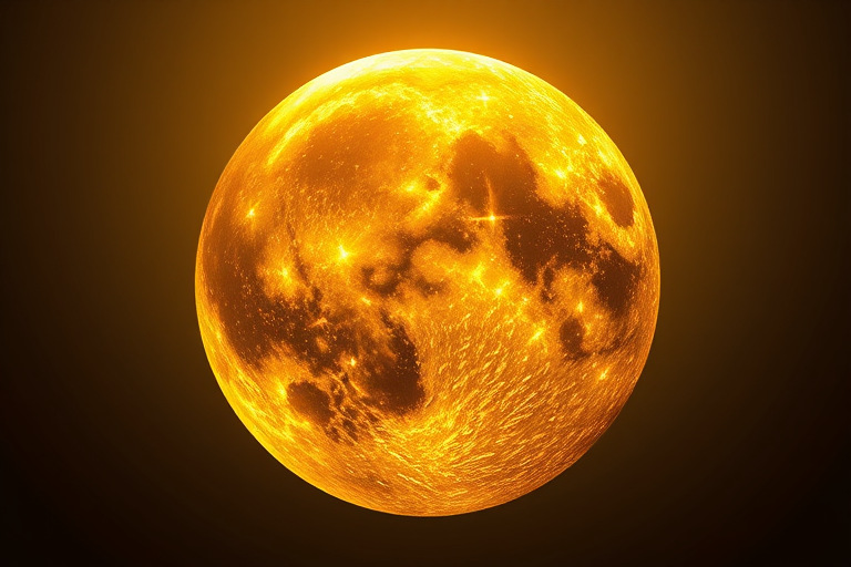 Create a highly detailed digital illustration of a golden moon face with intricate textures, using a Canon EOS R5, aperture f/2.8, ISO 100, 50mm lens, high-resolution, and a smooth gradient background for enhanced contrast.