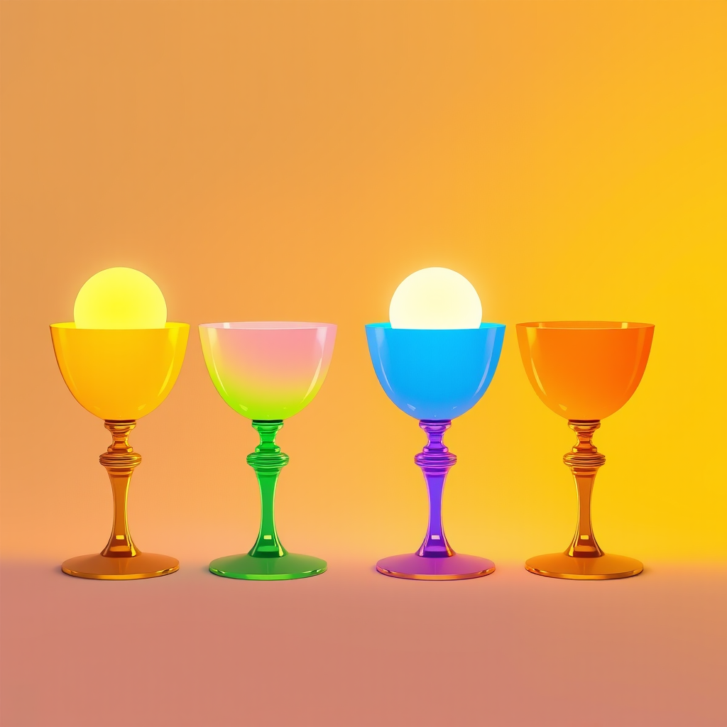 Create a stylized illustration of four colorful chalices with a round glowing orb on top, arranged horizontally with a yellow, pink, blue, and orange background, using a Canon EOS R5 with 50mm f/1.2 lens, aperture set to f/8, ISO 100, and soft diffused lighting to enhance colors and details.