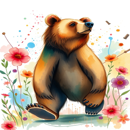 Create a watercolor-style illustration of a bear walking, surrounded by abstract floral elements and colorful splashes, using a Canon EOS R5 with a 85mm f/1.2 lens, aperture set to f/2.8, ISO 100, 1/200s shutter speed, shot in soft natural light for enhanced vibrancy and detail.