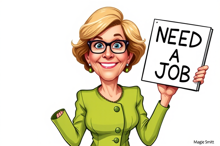 caricature of a smiling Maggie Smith in a Asparagus dress or suit, holding up a sign that says "NEED A JOB", no watermark,