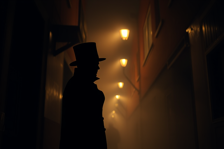 Create a dark, atmospheric scene featuring a mysterious figure in a top hat and Victorian attire standing in a foggy, illuminated alley at night, shot with a Canon EOS R5, 50mm lens, f/1.8 aperture, ISO 400, in dramatic low angle view with high contrast lighting.