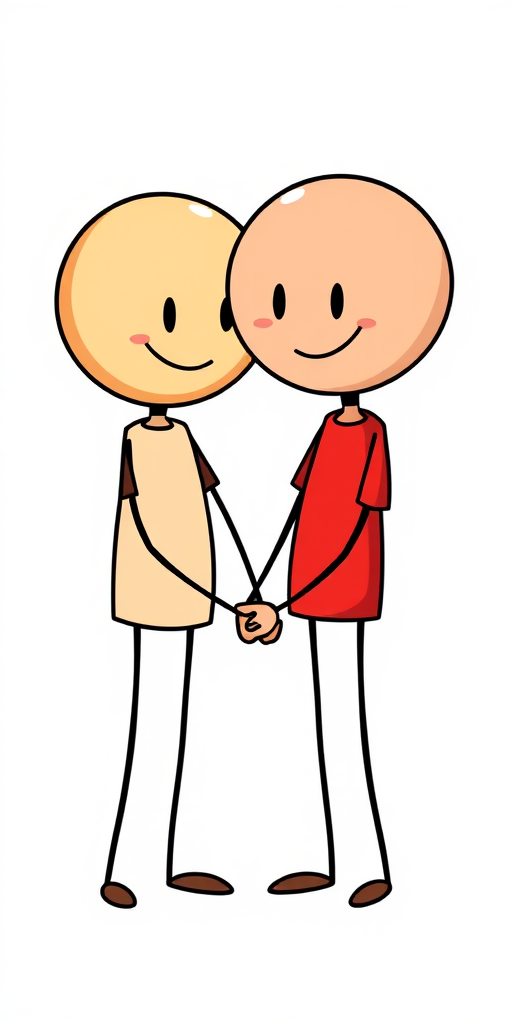 Generate a vibrant cartoon-style illustration of two stick figures with round heads, one wearing a red shirt, holding hands against a plain white background, using a digital drawing tablet, with a high-resolution setting at 300 DPI, employing a vector graphic style for crisp lines and colors.