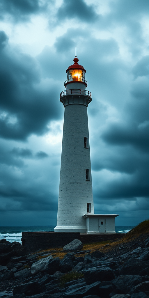 Sharp, detailed photo of a lighthouse standing tall against a stormy sky, soft light from the beacon cutting through the clouds, distant waves crashing against the rocky shore.