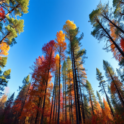 Regenerate an image of a colorful forest with tall trees reaching into a clear blue sky, capturing vibrant greens and warm autumn tones in the underbrush, shot with a DSLR camera at f/8 aperture, ISO 100, 24mm wide-angle lens, with a slightly elevated viewpoint to enhance depth and perspective.