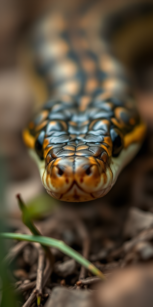 Close-up of a snake in its natural habitat, taken with a Canon EOS R5, 85mm lens, f/2.8 aperture, ISO 100, 1/200 sec shutter speed, shallow depth of field, natural lighting, macro photography style.