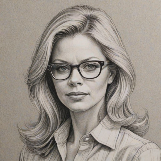 Enticing Faith Ford, pencil sketch, portrait of Superb woman 1973s in glasses, hair style beatnik, outline, clear lines, fine lines, 8k